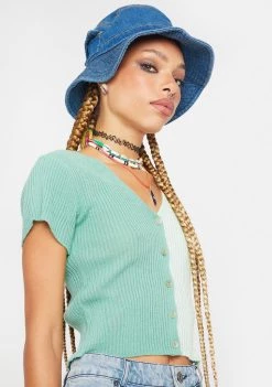 Daisy Street 90s Short Sleeve Two Tone Cardigan Knit Cardigans