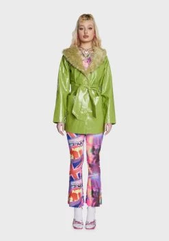Daisy Street Green Faux Leather Fur Trim Coat Faux Fur Coats