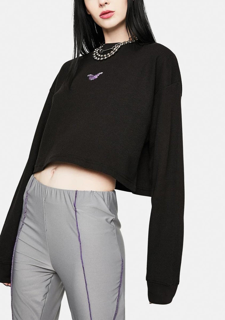 Daisy Street Tops Hadley Embroidered Butterfly Waffle Knit Top