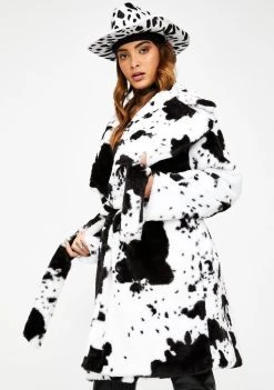 Daisy Street Outerwear Cow Print Faux Fur Coat
