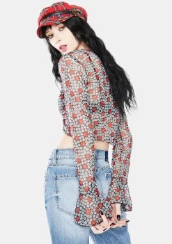 Daisy Street Tops Black Floral Long Sleeve Crop Top