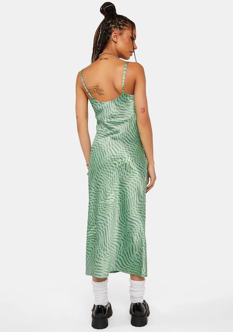 Daisy Street Green Wave Satin Slip Dress Midi Dresses