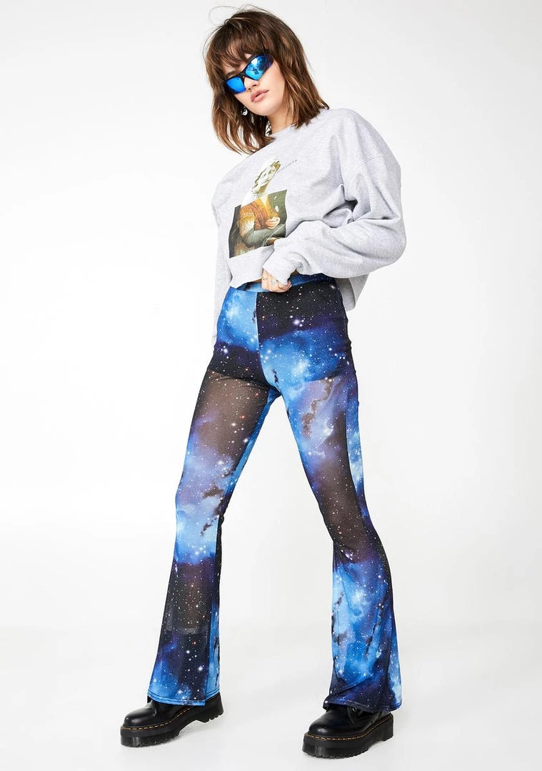 Daisy Street Galaxy Print Mesh Flared Trousers Bottoms