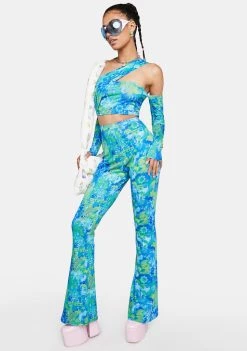 Daisy Street Blue Printed Becky Flare Pants Bottoms