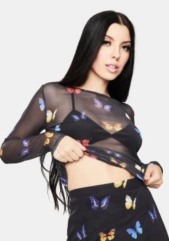 Daisy Street Tops Butterfly Mesh Top