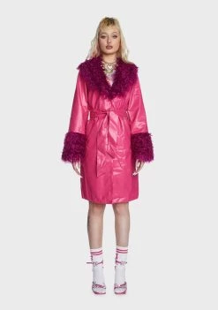 Daisy Street Faux Fur Coats Pink Faux Leather Fur Trim Coat