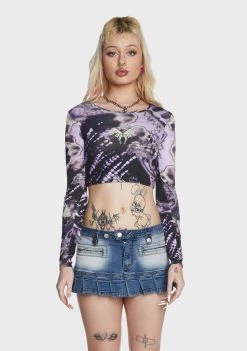 Daisy Street Tie Dye Butterfly Crop Top Long Sleeve Crop Top