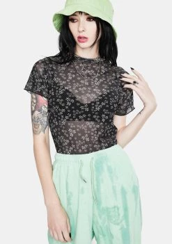 Daisy Street Black Floral Mesh Top