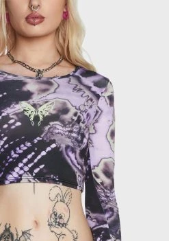Daisy Street Tie Dye Butterfly Crop Top Long Sleeve Crop Top