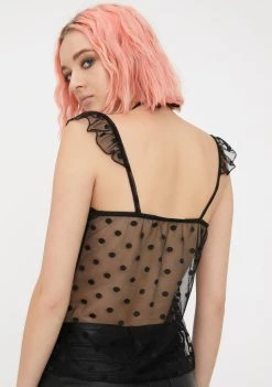 Daisy Street Spotted Mesh Tie Front Top Tops