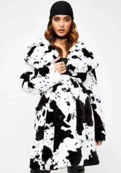 Daisy Street Outerwear Cow Print Faux Fur Coat