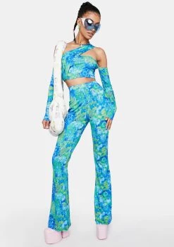 Daisy Street Blue Printed Becky Flare Pants Bottoms