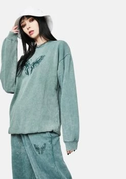 Daisy Street Zara Washed Green Butterfly Sweatshirt