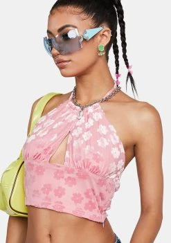 Daisy Street Tops Pink Floral Halter Crop Top
