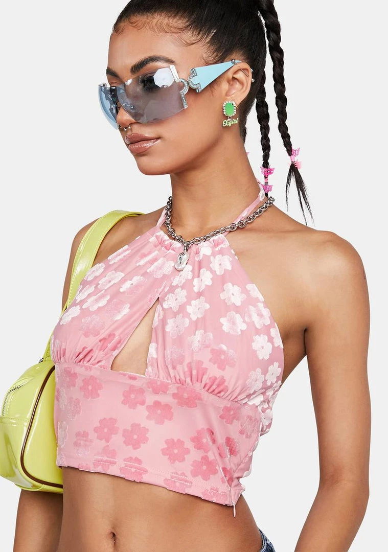 Daisy Street Tops Pink Floral Halter Crop Top