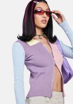 Daisy Street Tops Pastel Color Block Zipped Knit Shirt