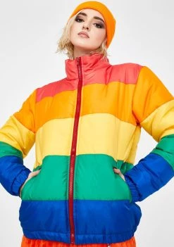 Daisy Street Outerwear Rainbow Colorblock Puffer Jacket