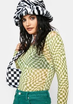 Daisy Street Tops Amelia Long Sleeve Mesh Checkered Crop Top