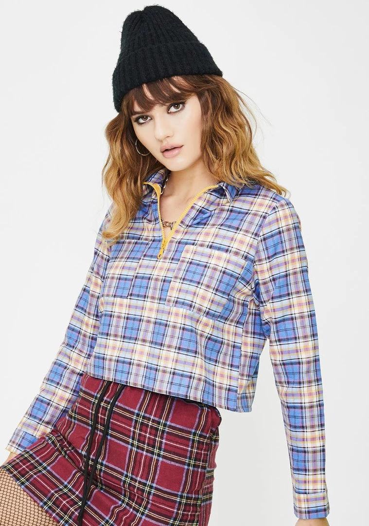Daisy Street Cropped Checkered Zip Up Top