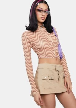 Daisy Street Brown Wave Print Mesh Top Mesh Shirt