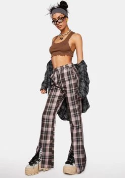 Daisy Street Bottoms Brown Split Plaid Trousers