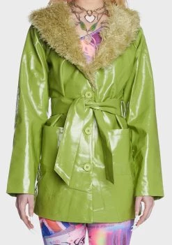 Daisy Street Green Faux Leather Fur Trim Coat Faux Fur Coats