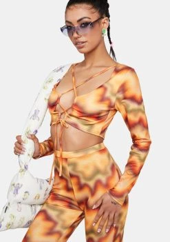 Daisy Street Orange Multi Print Lace-Up Crop Top Tops