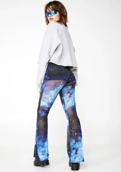 Daisy Street Galaxy Print Mesh Flared Trousers Bottoms
