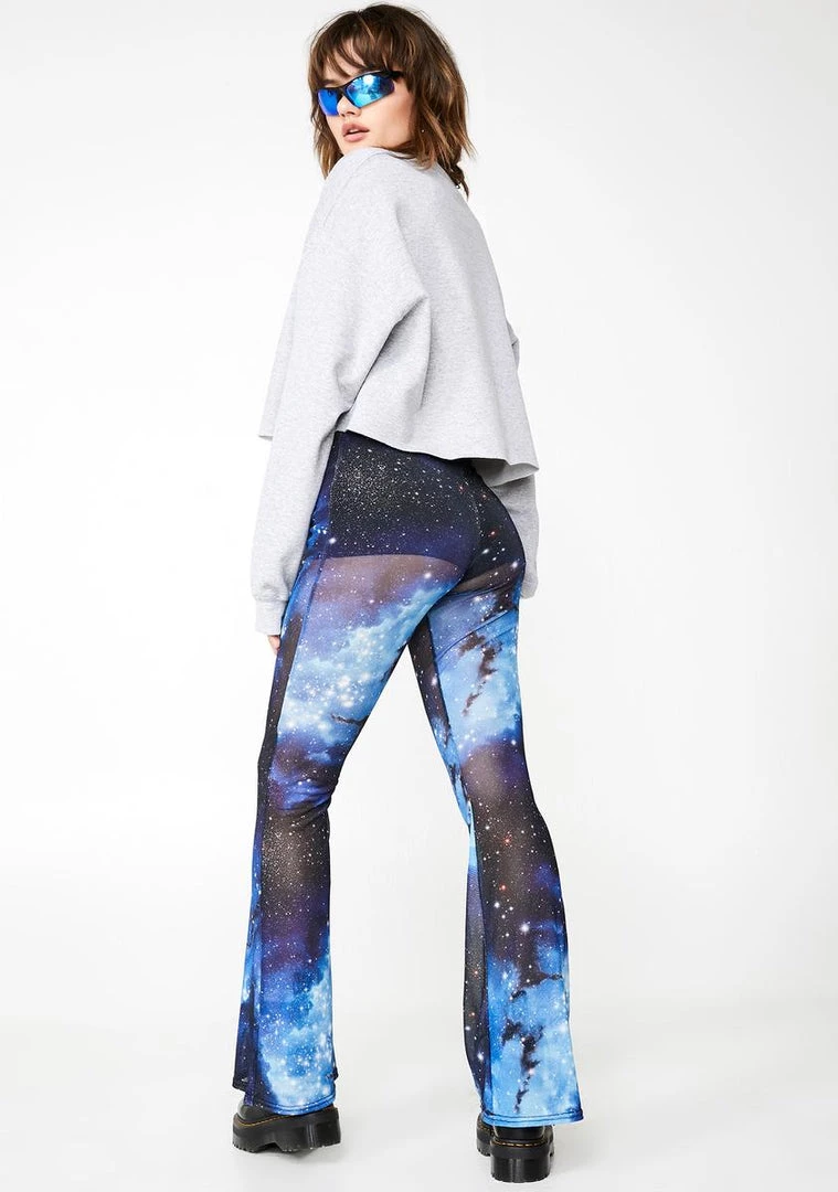Daisy Street Galaxy Print Mesh Flared Trousers Bottoms