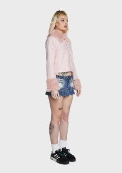 Daisy Street Houndstooth Print Fur Trim Jacket Faux Fur Jacket