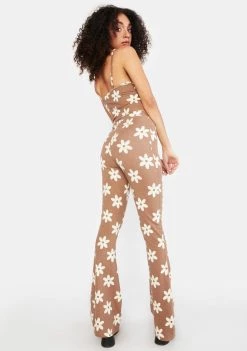 Daisy Street Tan Floral Fit And Flare Pants