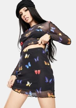 Daisy Street Black Butterfly Mesh Mini Skirt