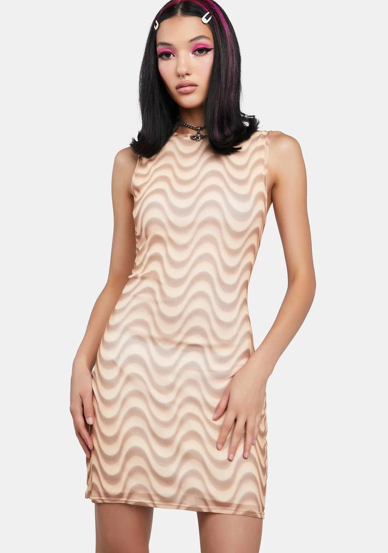 Daisy Street Sundress Brown Wave Print Mesh Backless Dress