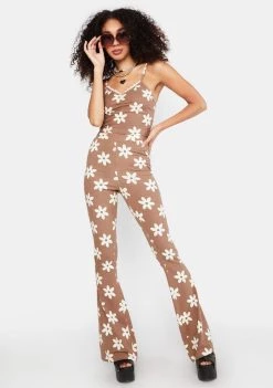 Daisy Street Tan Floral Fit And Flare Pants