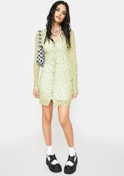 Daisy Street Long Sleeve Mesh Checkered Dress