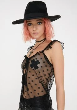 Daisy Street Spotted Mesh Tie Front Top Tops