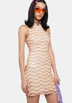 Daisy Street Sundress Brown Wave Print Mesh Backless Dress