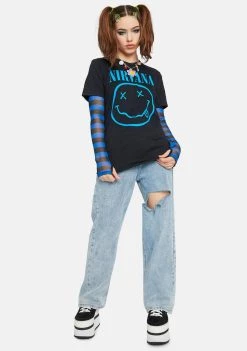 Daisy Street Tops Nirvana Blue Smiley Graphic Tee