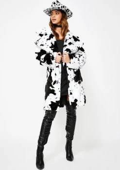 Daisy Street Outerwear Cow Print Faux Fur Coat