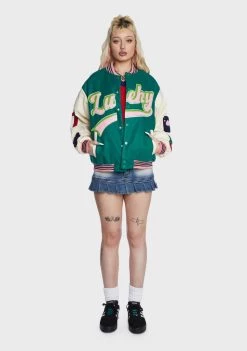 Daisy Street Embroidered Patch Green Varsity Jacket