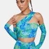 Daisy Street Tops Blue Printed One Shoulder Crop Top