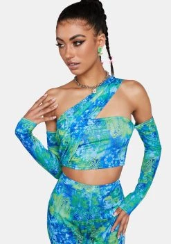 Daisy Street Tops Blue Printed One Shoulder Crop Top