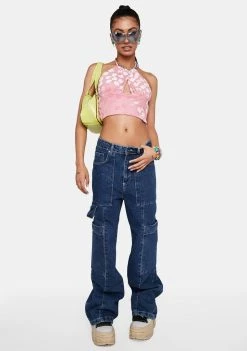 Daisy Street Tops Pink Floral Halter Crop Top