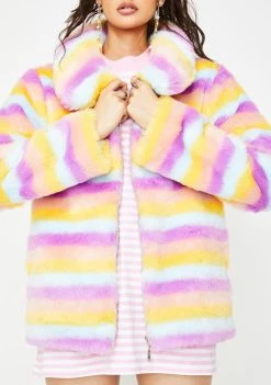Daisy Street Stripe Faux Fur Front Zip Jacket
