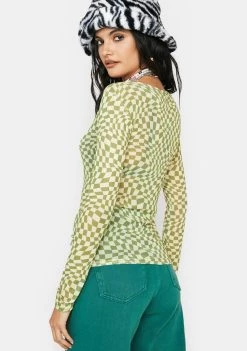 Daisy Street Tops Amelia Long Sleeve Mesh Checkered Crop Top
