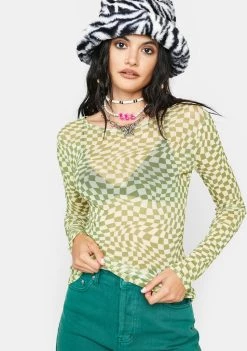 Daisy Street Tops Amelia Long Sleeve Mesh Checkered Crop Top