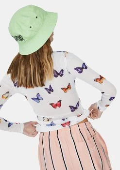 Daisy Street White Butterfly Print Mesh Top Tops