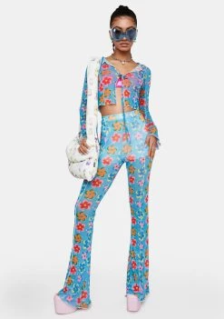 Daisy Street Blue Floral Mesh Long Sleeve Top Mesh Shirt