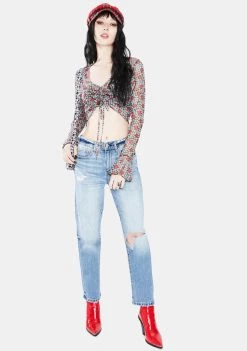 Daisy Street Tops Black Floral Long Sleeve Crop Top