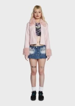 Daisy Street Houndstooth Print Fur Trim Jacket Faux Fur Jacket